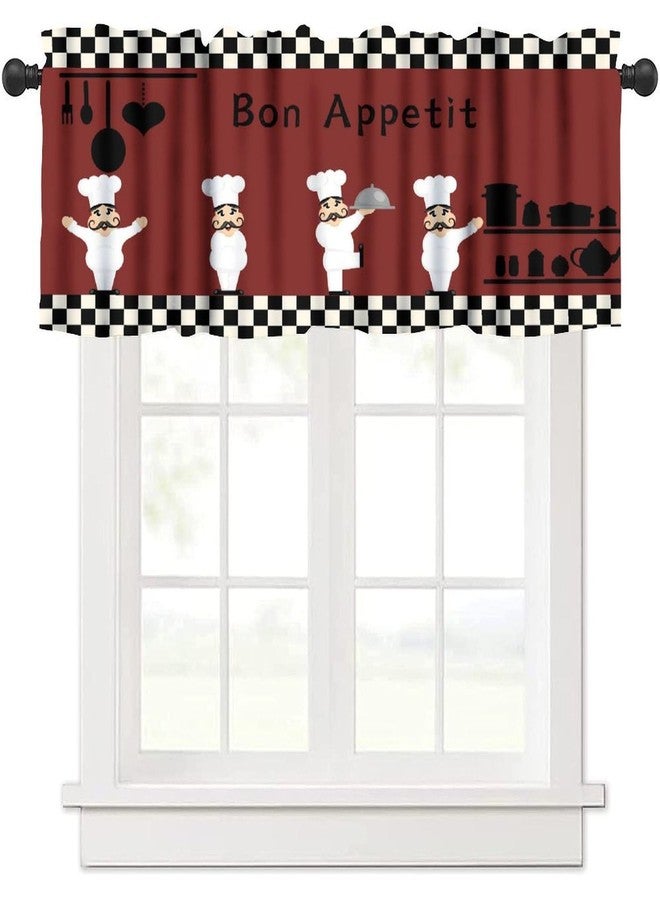 KANEPE Chef Valances Curtain for Kitchen, Cartoon Kitchen Chef White Black Lattice Red Background Window Treatment Valances Short Curtains Rod Pocket Drape for Dining Room Home Decor, 54x18inch - Image 1